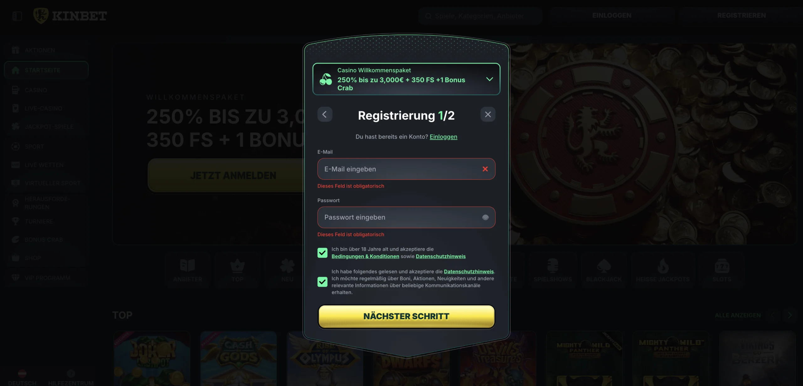 Anmeldung bei KinBet Casino